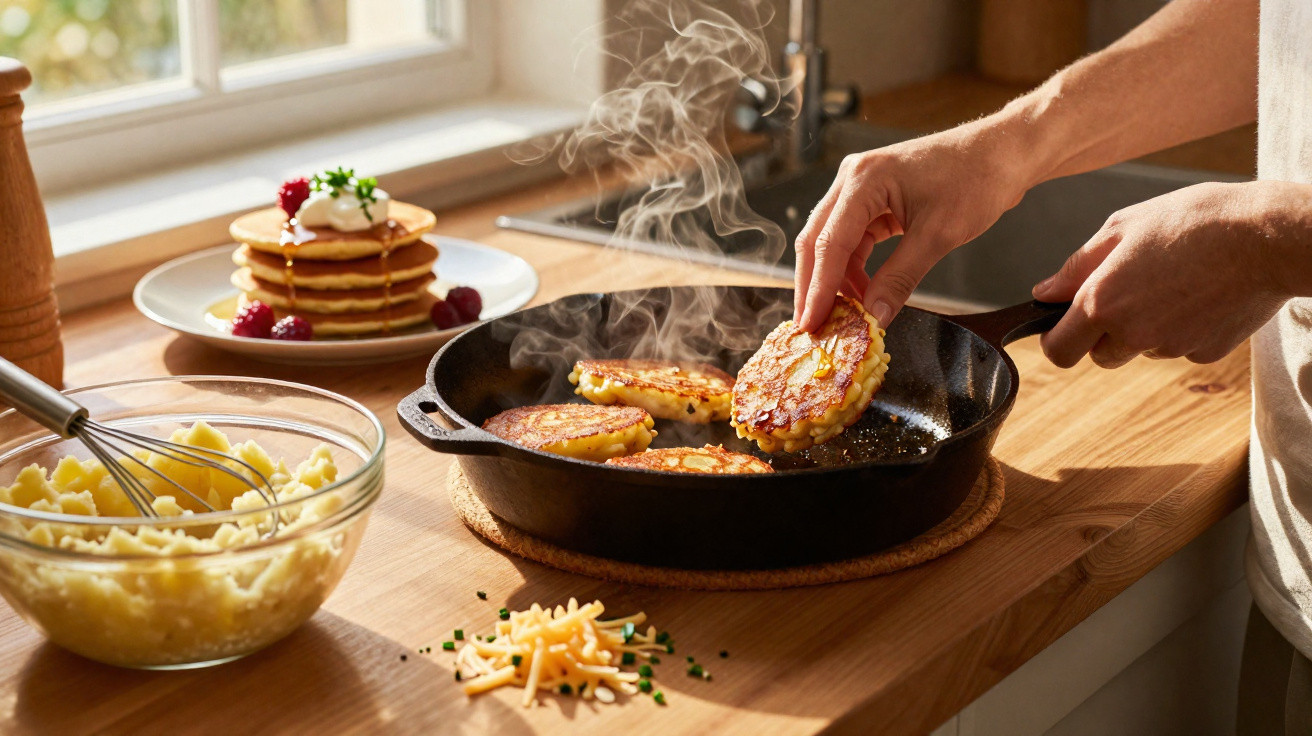 Pessoa a fritar rissóis numa frigideira com panquecas e ingredientes num balcão de cozinha iluminado.