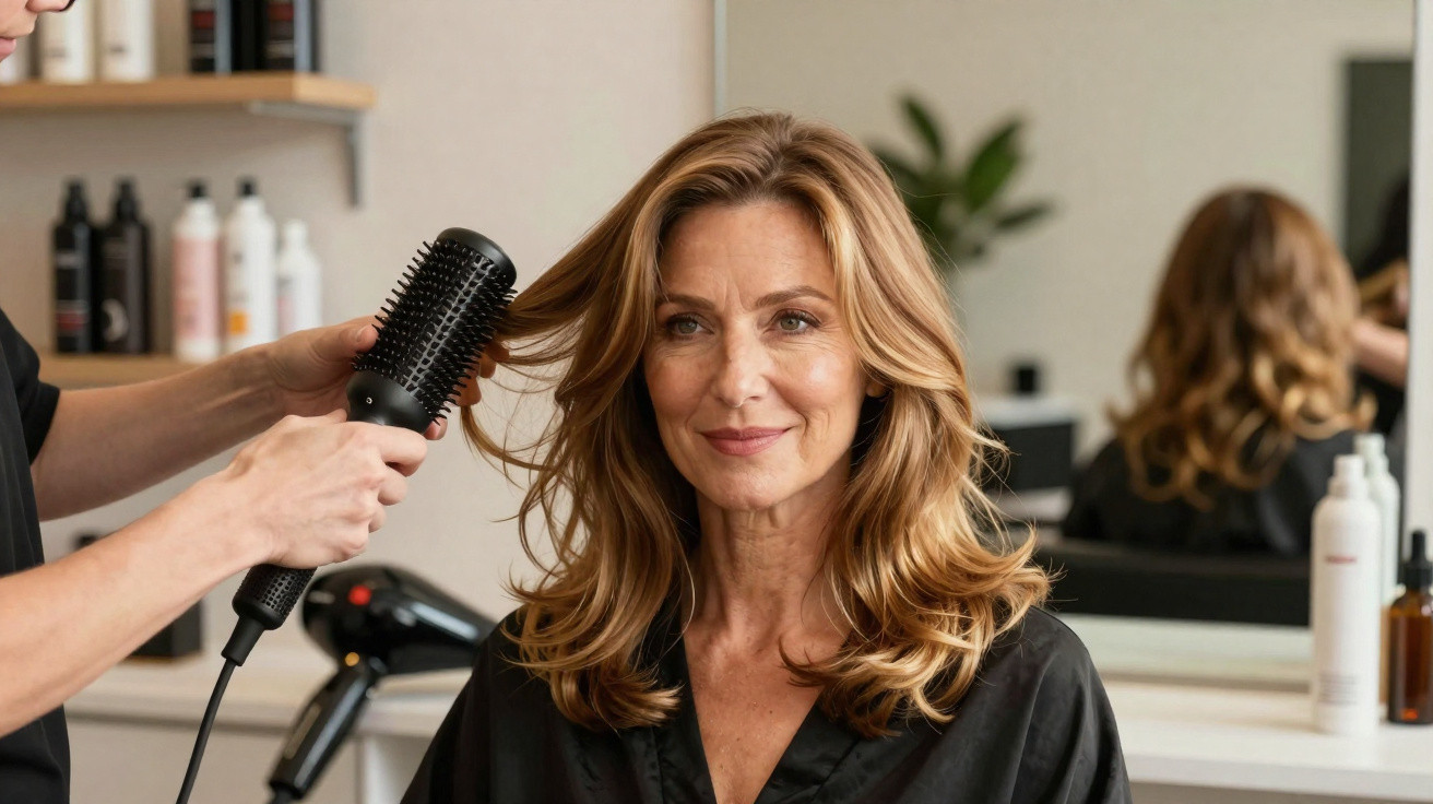 Mulher com cabelo loiro ondulado a ser penteada com secador de cabelo num salão de cabeleireiro.