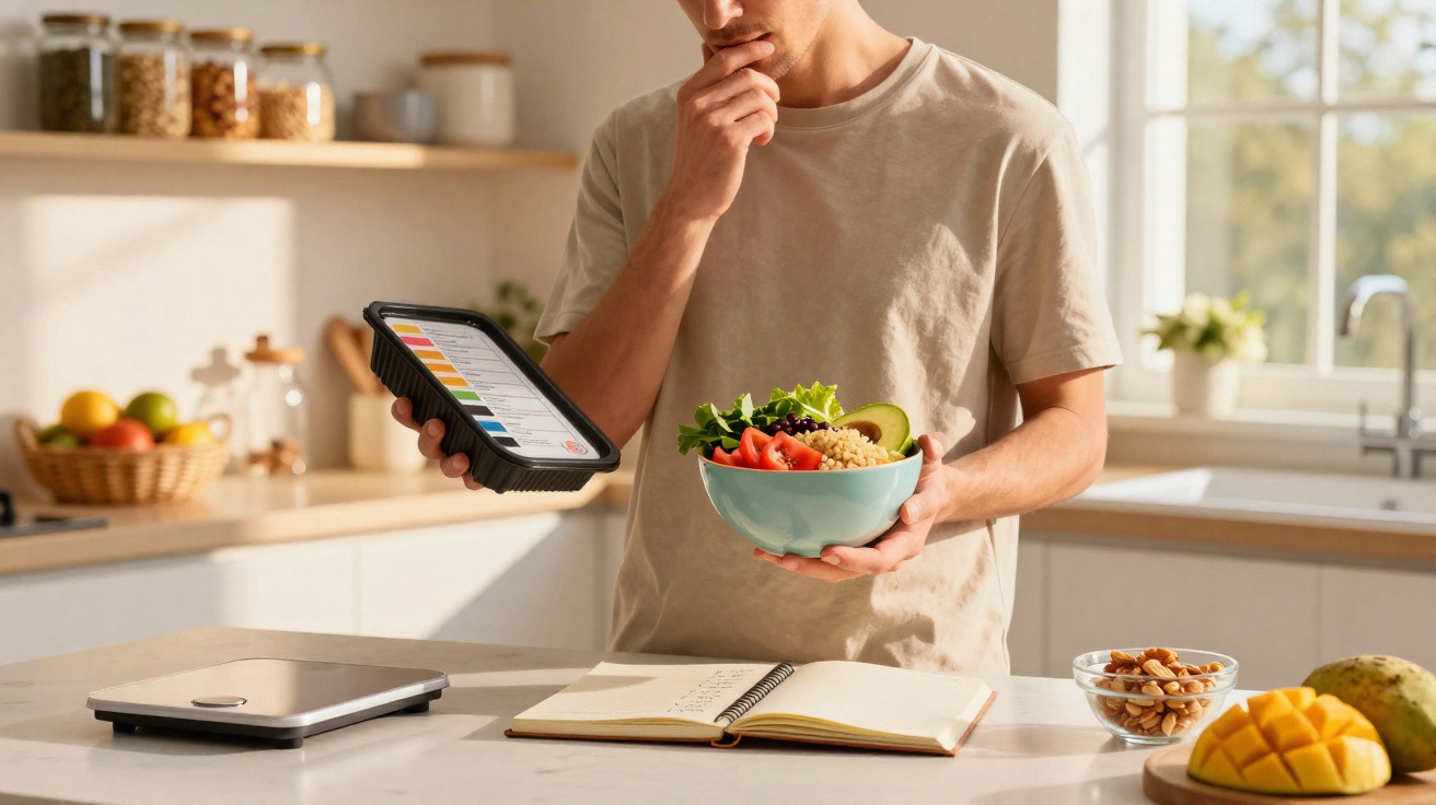 Homem a preparar uma refeição saudável na cozinha, segurando um prato com salada e consultando um tablet.