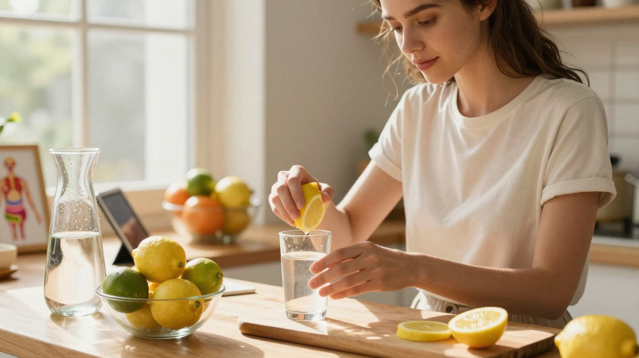 Mulher a espremer limão num copo de água numa cozinha iluminada e decorada com frutos frescos.