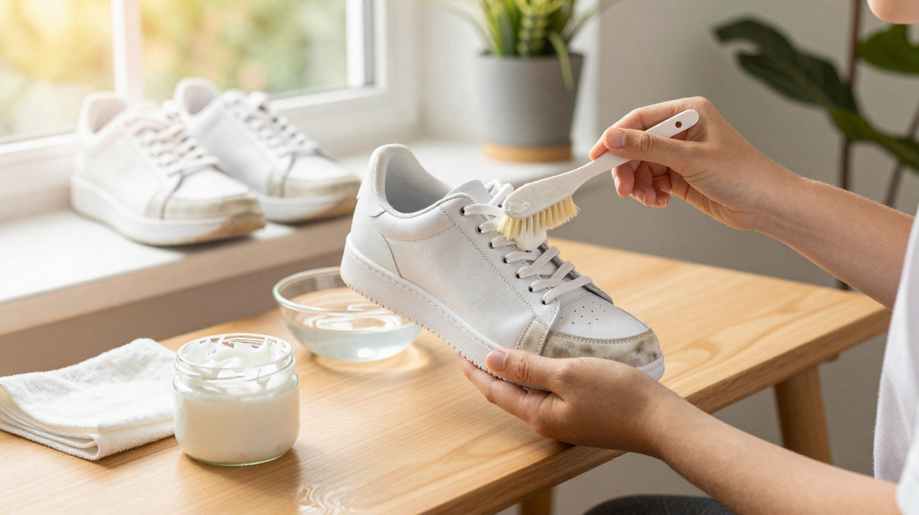 Pessoa a limpar ténis branco sujo com escova e creme numa mesa de madeira com plantas ao fundo.