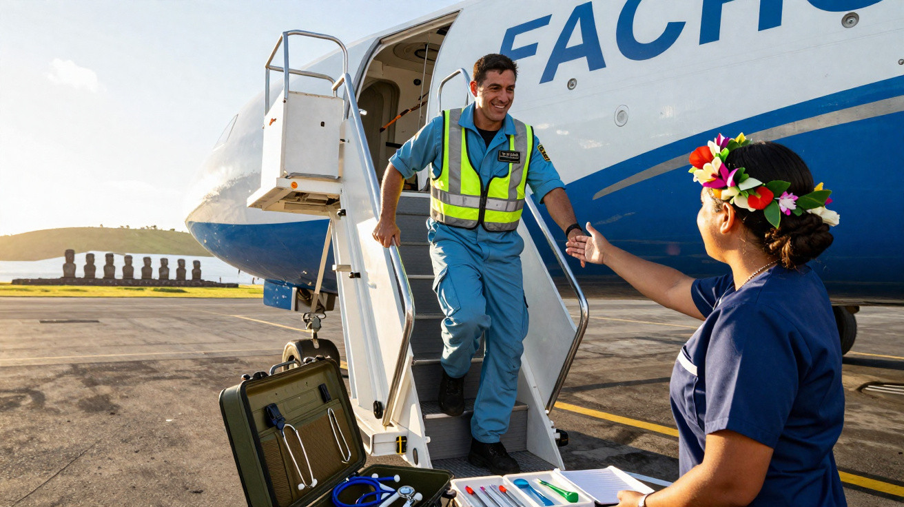 Homem com uniforme azul e colete refletor desce escada de avião e cumprimenta mulher com flores no cabelo no aeroporto.