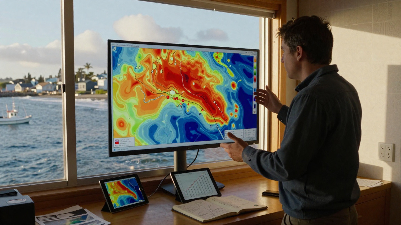 Homem analisa mapa de calor de dados meteorológicos junto a janelas com vista para o mar e barcos.
