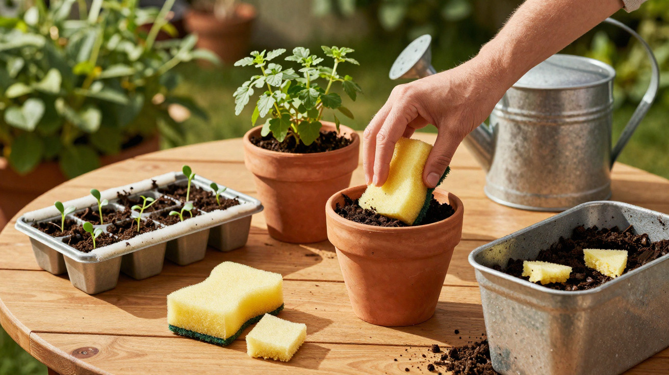 Mão a colocar uma esponja em vaso com terra, ao lado de plantas em vaso, pequenas mudas e regador.