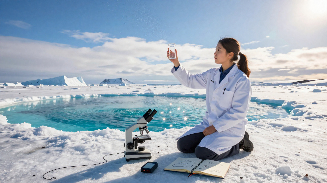 Cientista em roupa branca analisa amostra de água gelada perto de lago ártico rodeado de gelo e neve.