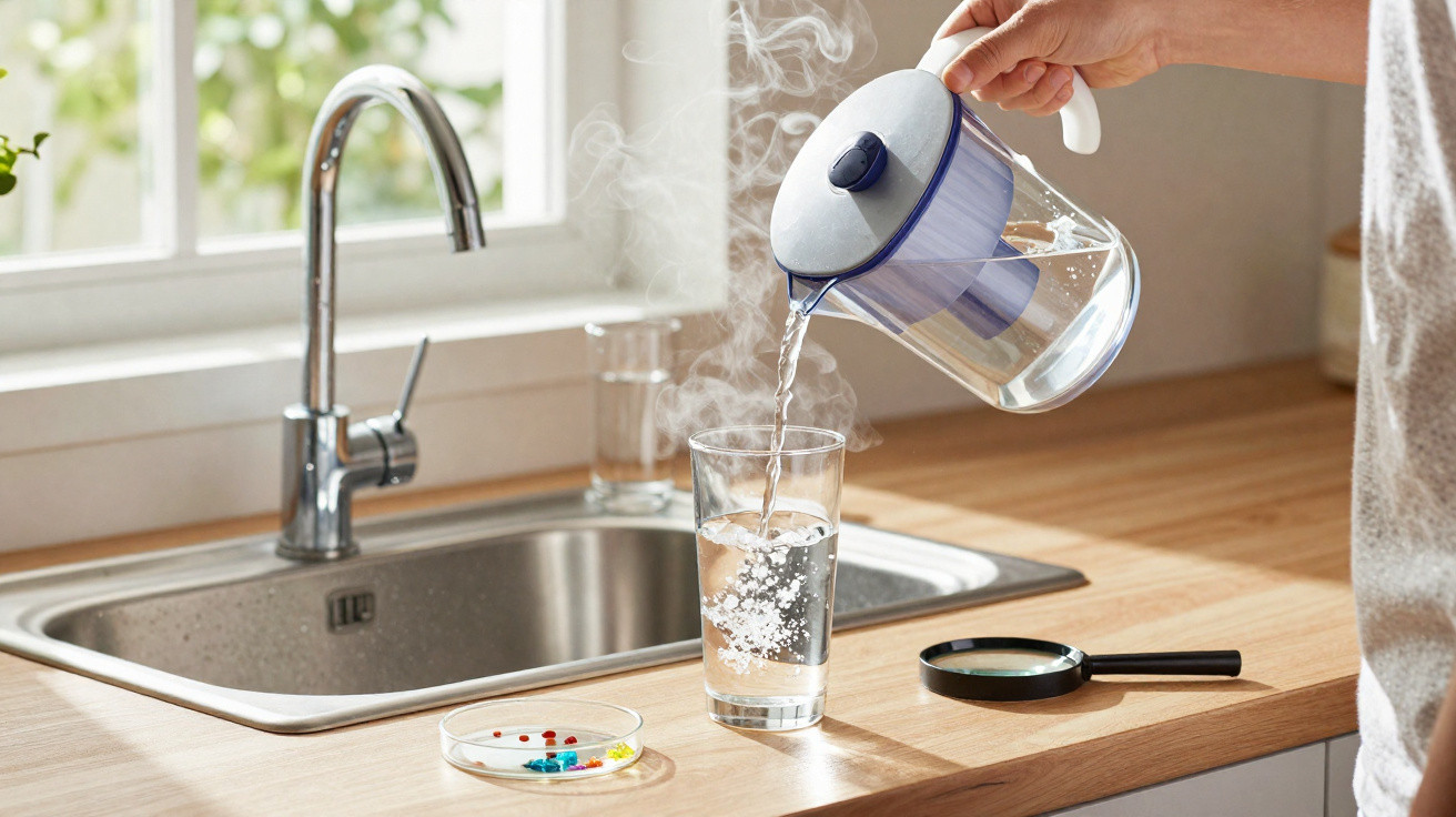 Pessoa a verter água quente de jarro filtrador num copo numa cozinha luminosa com lupa e cápsulas coloridas na bancada.