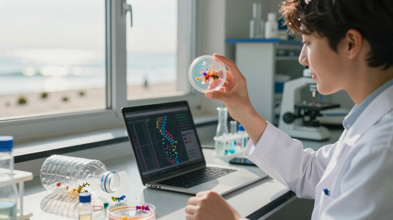Cientista examina amostra em placa de Petri no laboratório com computador e equipamentos científicos ao fundo.