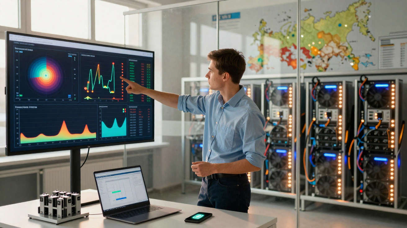 Homem a analisar gráficos de dados num ecrã grande num laboratório com computadores e servidor.