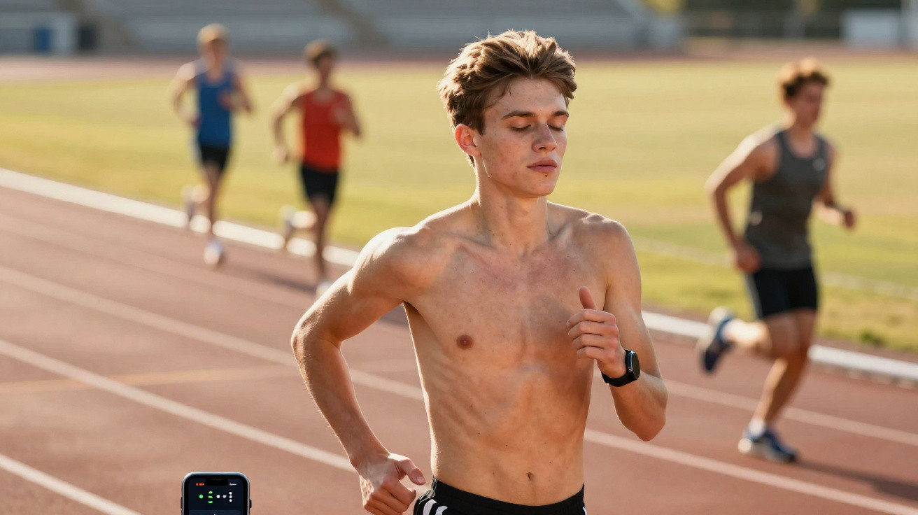 Jovem a correr na pista do estádio com outros atletas em segundo plano num treino de corrida.