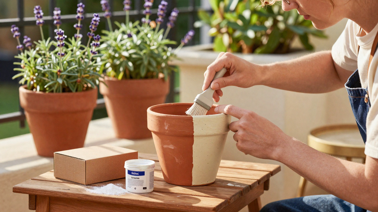 Pessoa a pintar vaso de barro sobre mesa de madeira, com plantas e material de pintura ao lado.