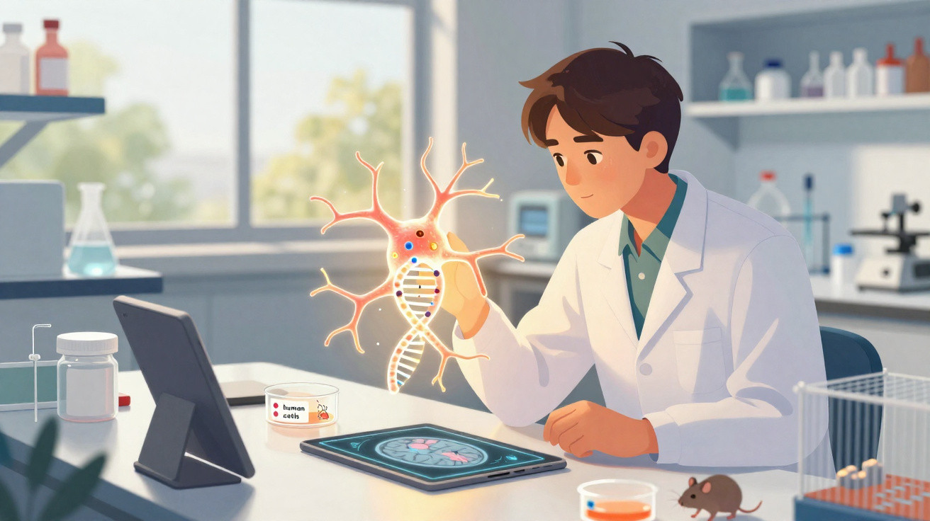 Cientista em laboratório a estudar célula humana com ilustração digital e rato de laboratório.
