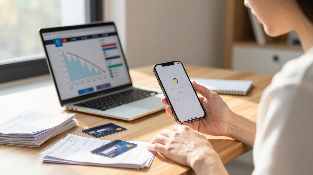 Pessoa a consultar aplicação financeira no telemóvel, com computador e cartões de crédito sobre a secretária.