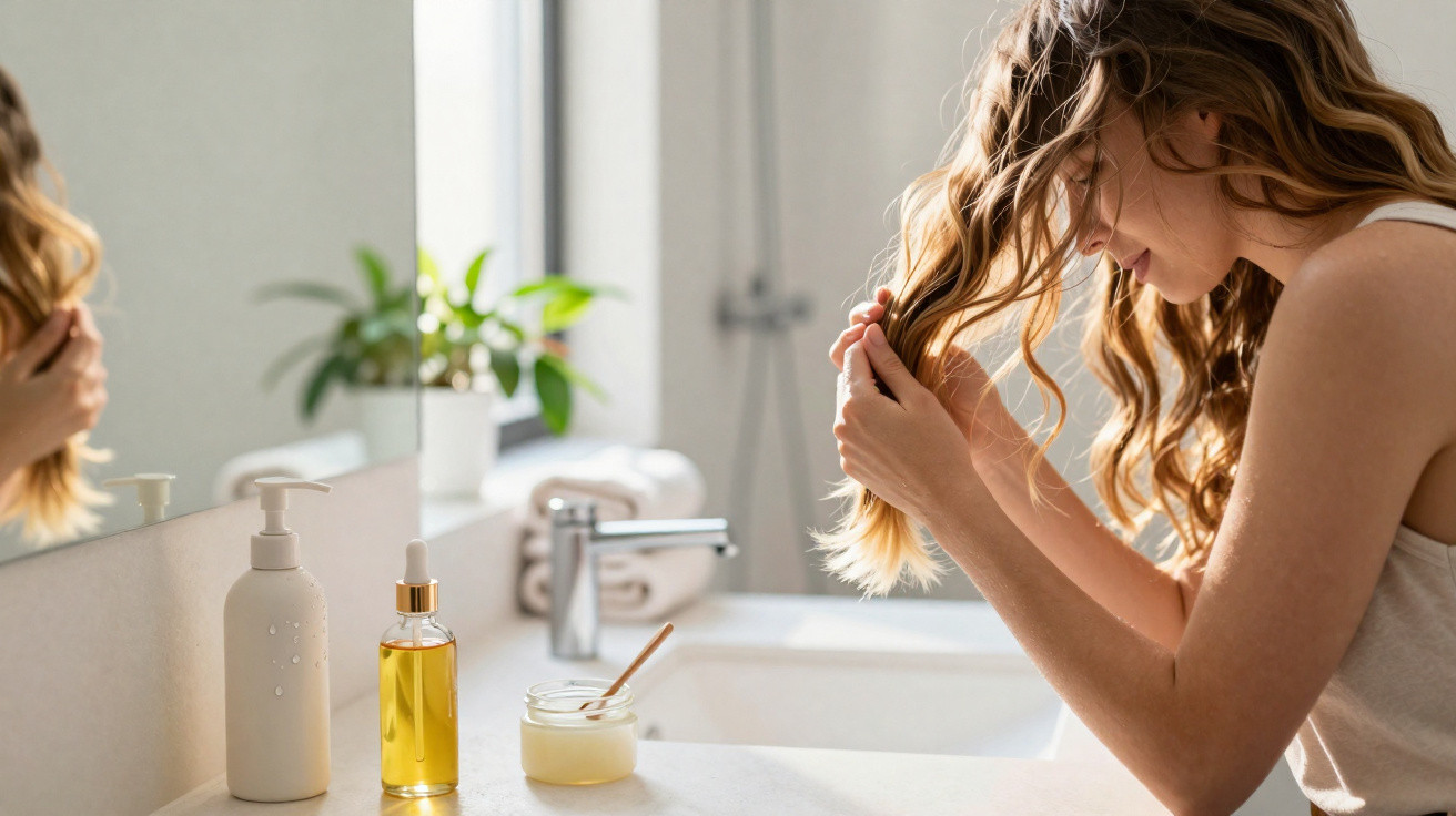 Mulher aplica óleo de cabelo junto à pia de casa de banho com produtos e planta ao fundo.
