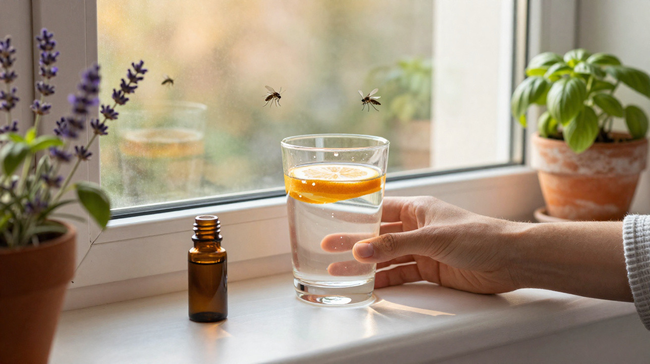 Mão segura copo com água e limão na janela, perto de plantas e inseticida repelente contra mosquitos.