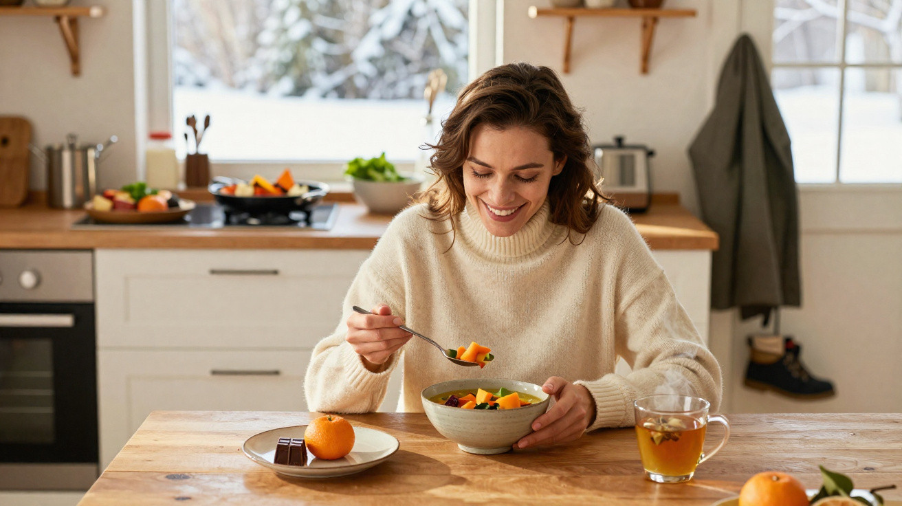 Mulher sorridente a comer sopa de legumes numa cozinha luminosa, com chá e fruta na mesa de madeira.