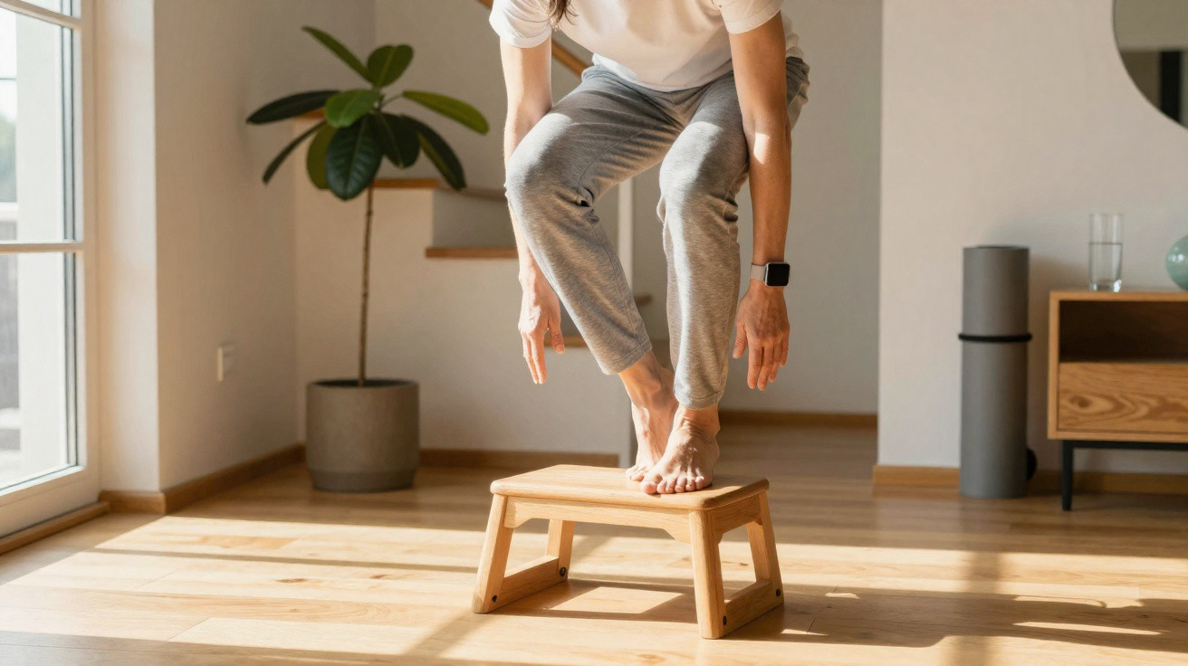 Pessoa em roupa casual a fazer exercício físico em casa, subindo num pequeno banco de madeira.