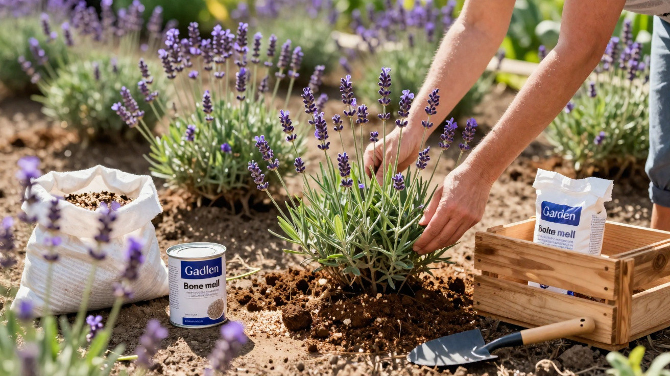 Pessoa a plantar lavanda num canteiro com fertilizante e uma pequena pá de jardim.