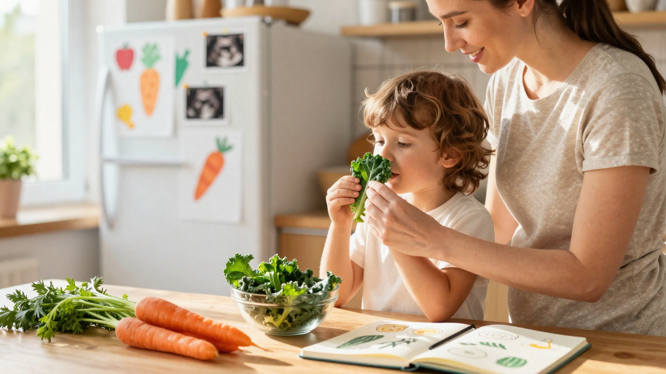 Criança cheira couve na cozinha com ajuda da mãe, cenouras e livro de desenhos na mesa.