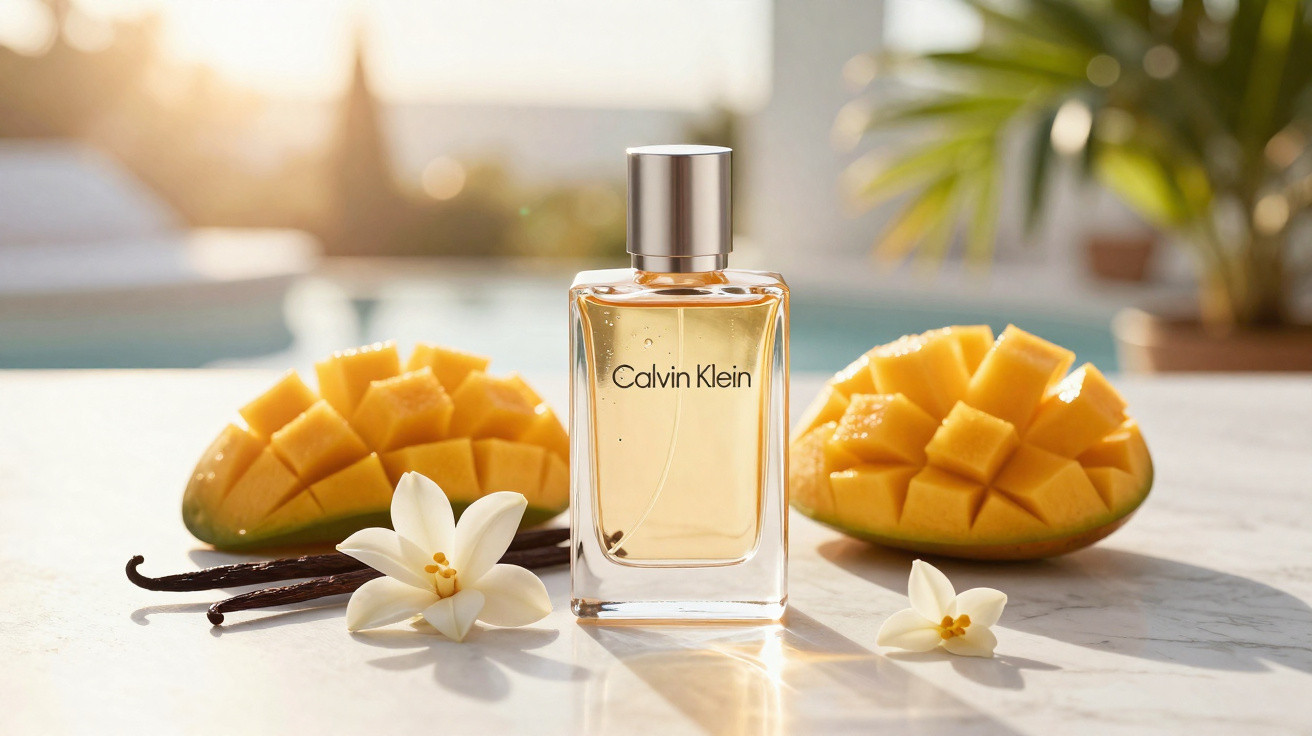 Frasco de perfume Calvin Klein com manga cortada, vagens de baunilha e flores brancas sobre mesa iluminada.