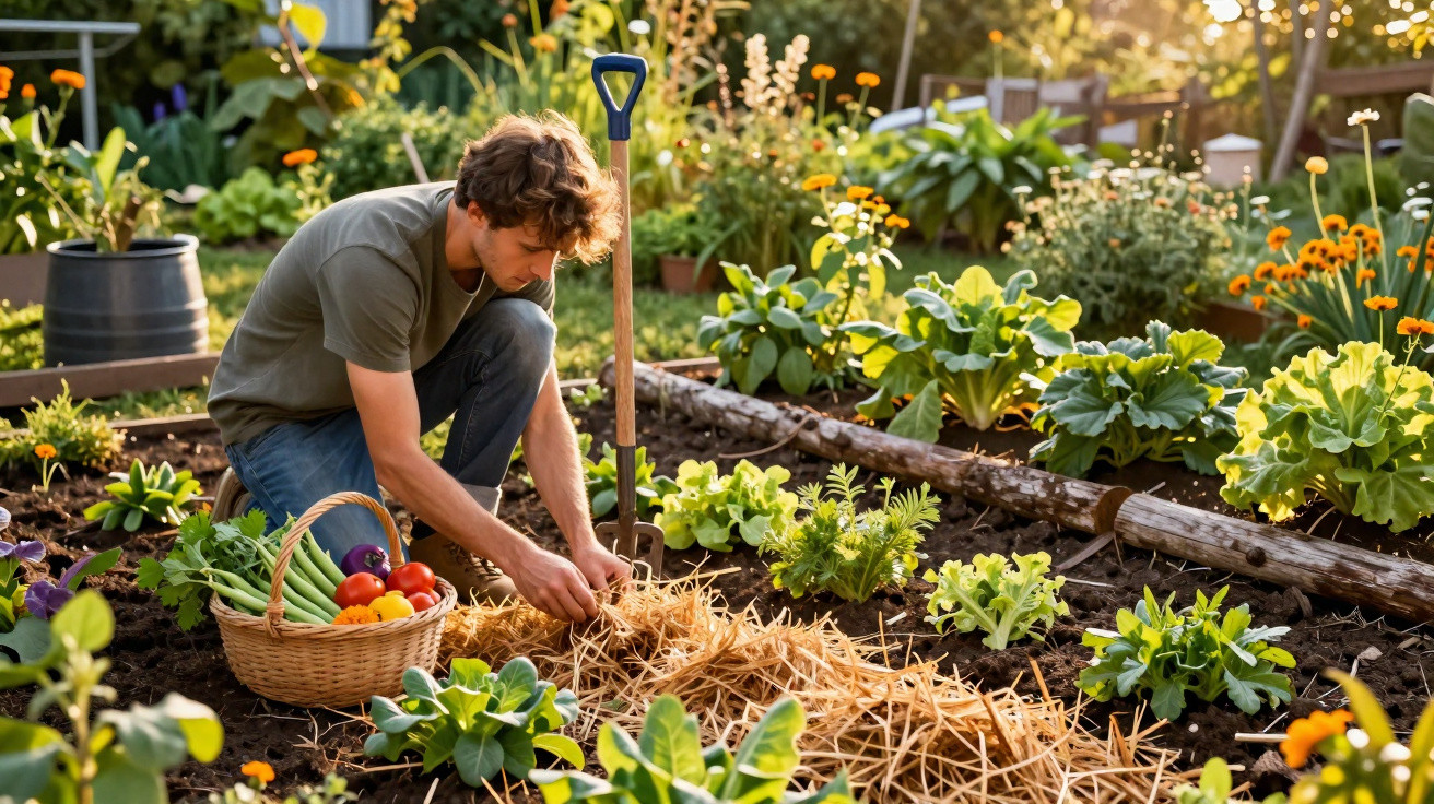 Jovem a cuidar do jardim, rodeado de plantas e vegetais, com cesta de legumes frescos ao lado.