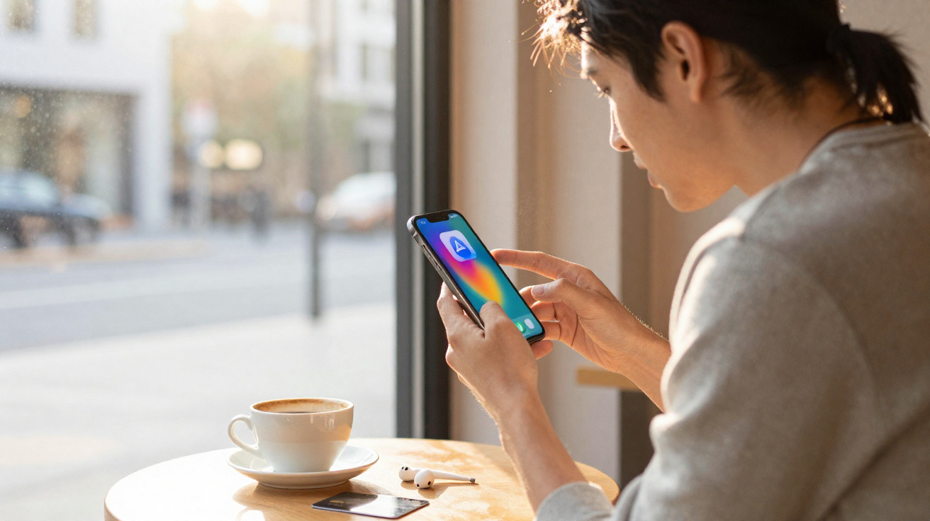 Pessoa sentada junto a uma janela a usar smartphone com app aberta, mesa com café, auscultadores e outro telemóvel.