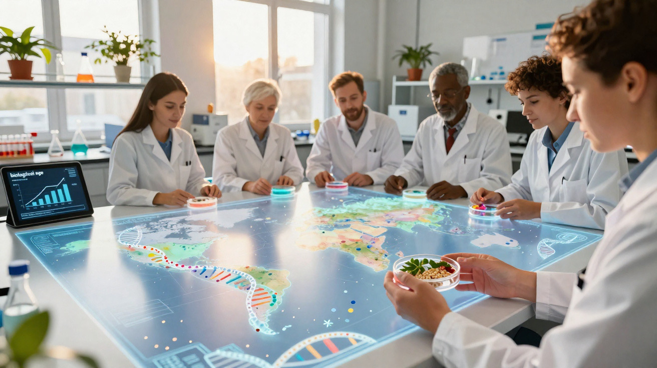 Grupo de cientistas em laboratório a analisar culturas em placa pet sobre mesa interativa com mapa mundial digital.