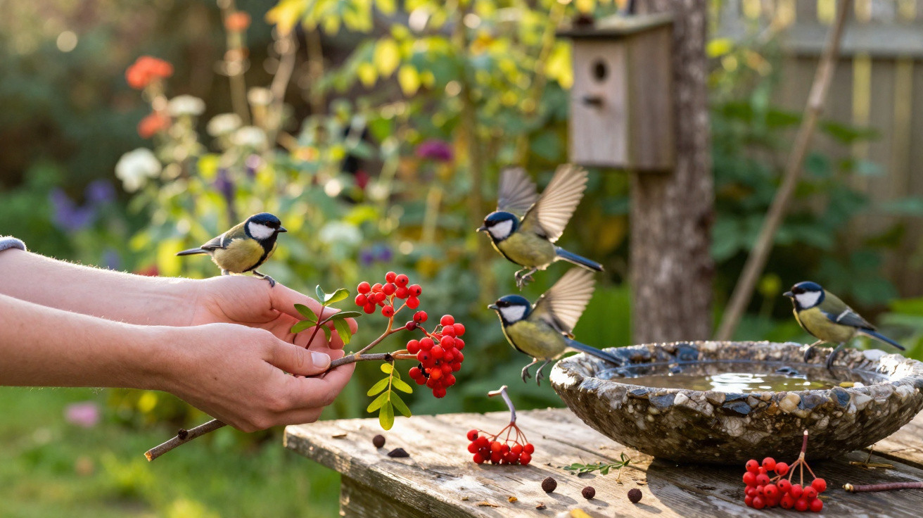 Mãos oferecem raminho com bagas vermelhas a várias aves pequenas num jardim com bebedouro e casa de pássaros.