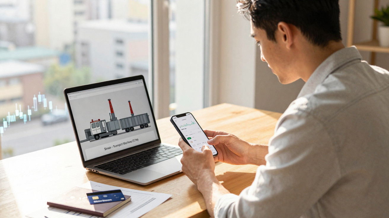 Homem sentado à mesa a analisar dados de mercado no telemóvel e computador portátil com gráfico industrial.
