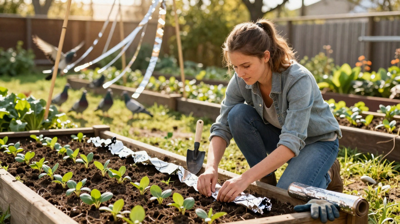 Mulher a cuidar de plantas jovens em canteiro de jardim urbano durante o dia.