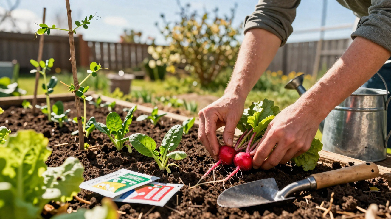Pessoa a colher rabanetes num jardim, rodeada por sementes e utensílios de jardinagem.