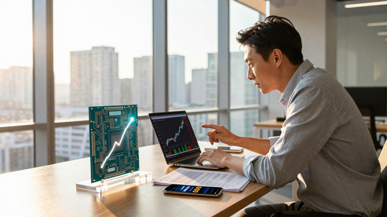 Homem asiático analisa gráficos financeiros num portátil numa mesa com telemóvel e placa eletrónica iluminada.