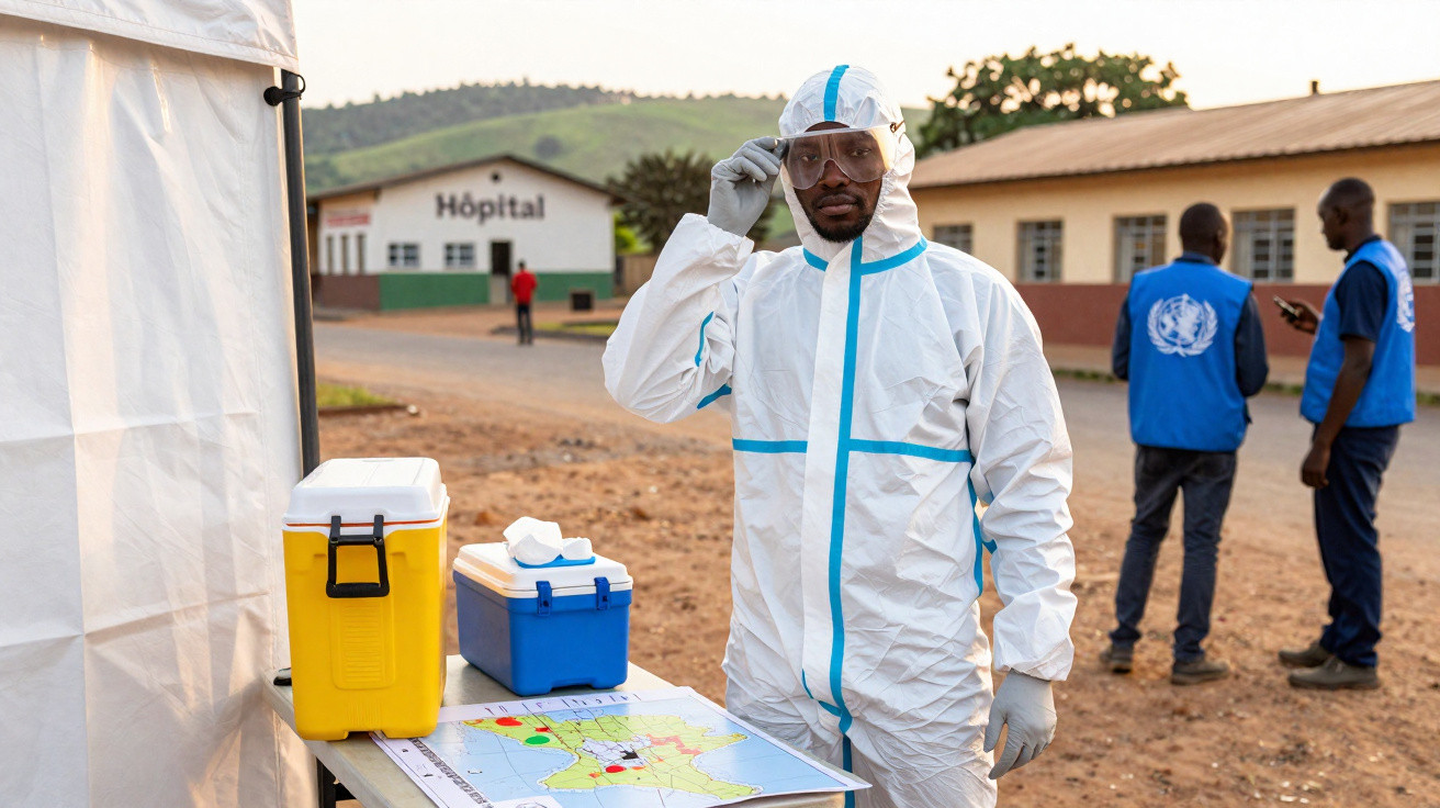 Profissional de saúde em equipamento de proteção completo junto a mapa e caixas térmicas, hospital ao fundo.