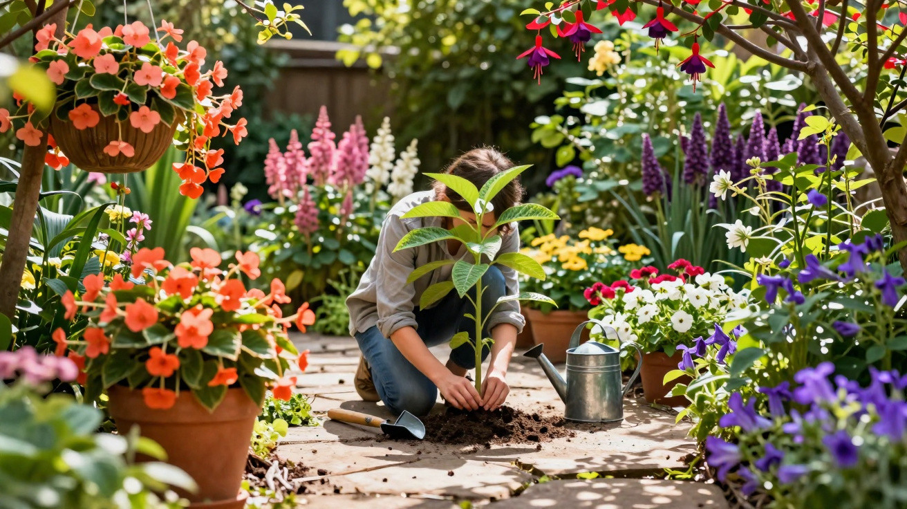 Pessoa a plantar uma muda numa horta florida, rodeada por várias flores coloridas em vasos.