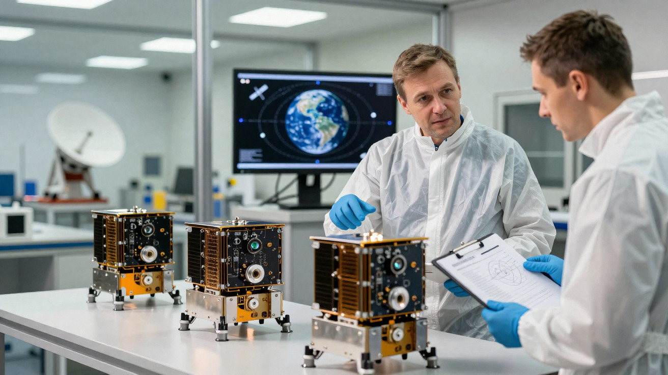 Dois cientistas em laboratório com trajes brancos discutem perante três satélites pequenos sobre a mesa.