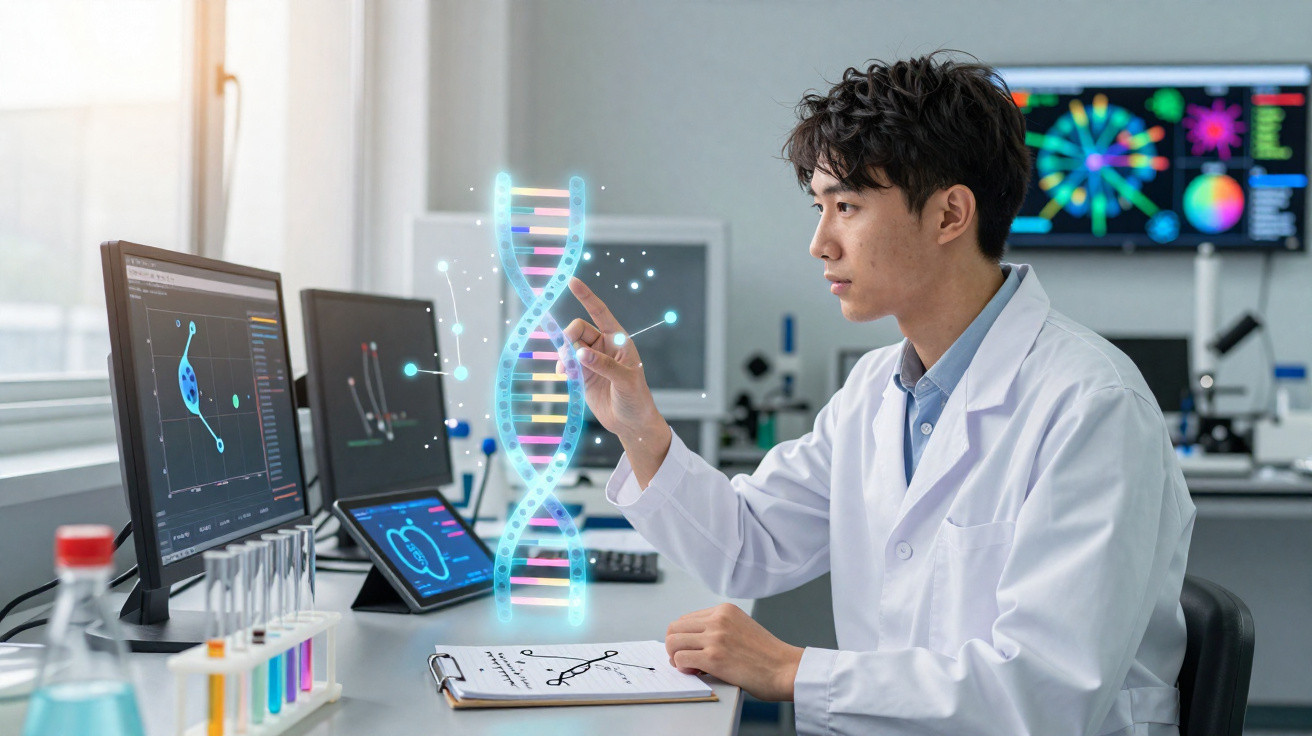 Cientista em laboratório a analisar estrutura de ADN digital com múltiplos ecrãs e tubos de ensaio à volta.