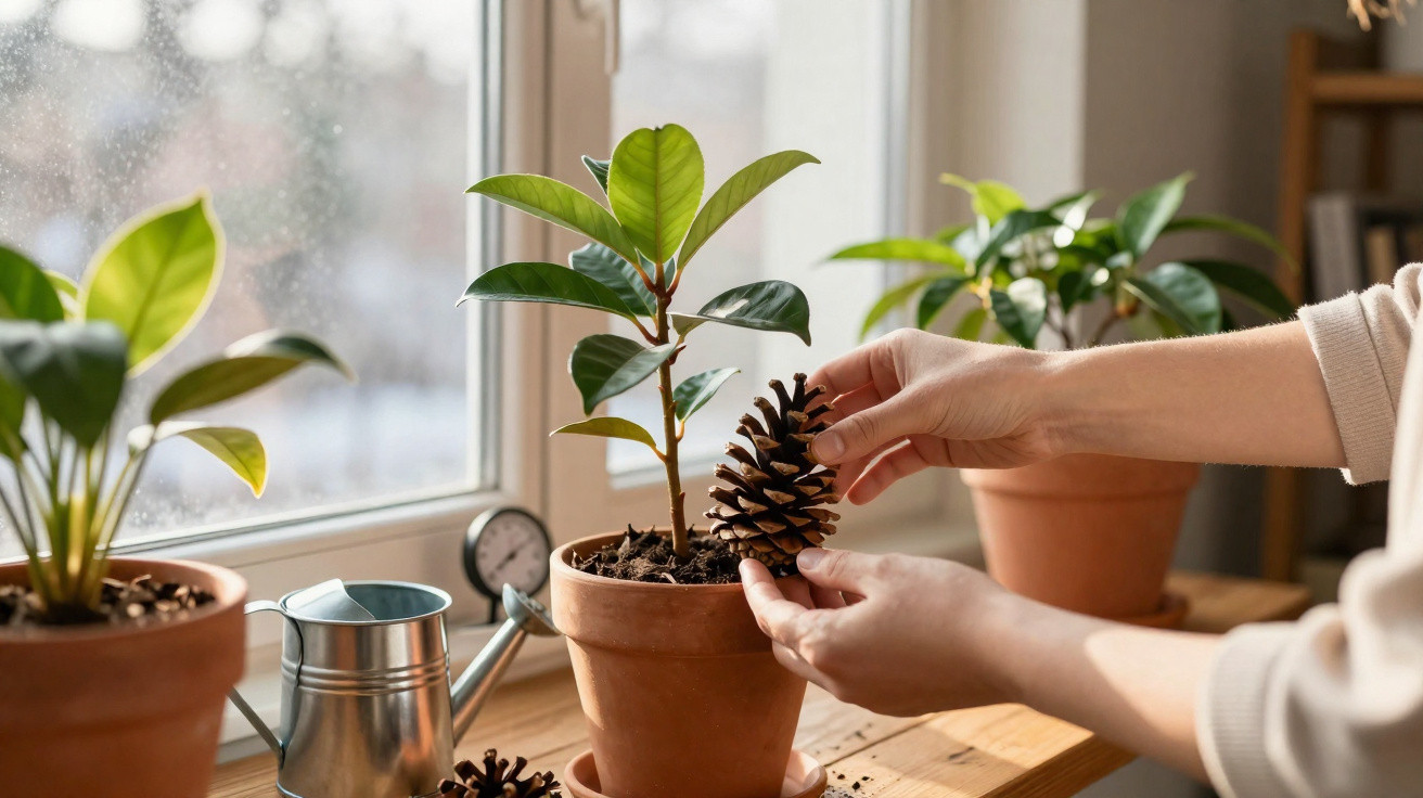 Mãos seguram uma pinha perto de plantas em vasos junto a uma janela com regador metálico ao lado.