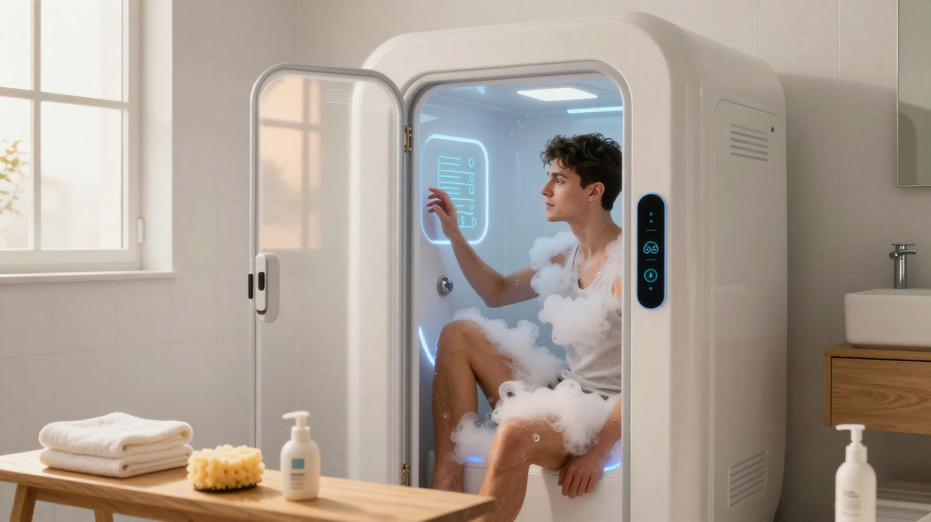 Homem sentado numa cabine de duche de crioterapia com vapor e luzes azuis no interior, numa casa de banho moderna.