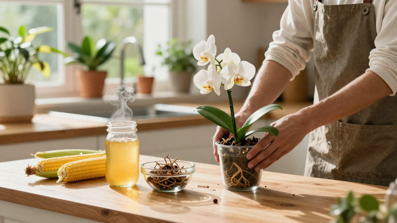 Pessoa a cuidar de orquídea em vaso transparente sobre mesa de madeira, com milho, pote de mel e especiarias.