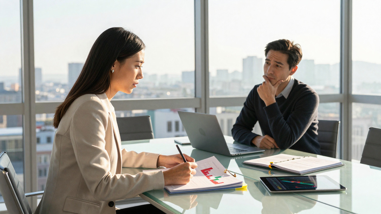 Duas pessoas a discutir gráficos e dados numa reunião de escritório com vista para a cidade.