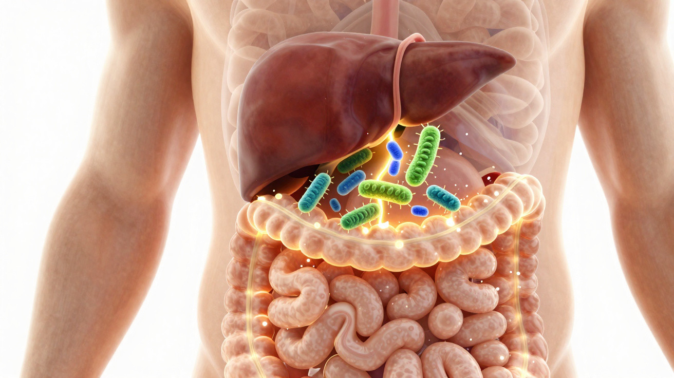 Sistema digestivo humano com destaque em bactérias intestinais e órgãos como fígado e intestinos.