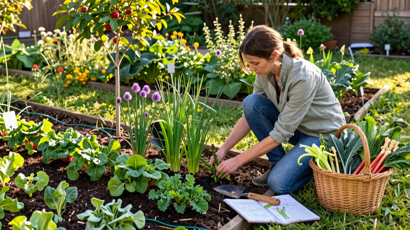 Mulher a cuidar de plantas num jardim, com cesto de legumes e notas ao lado.