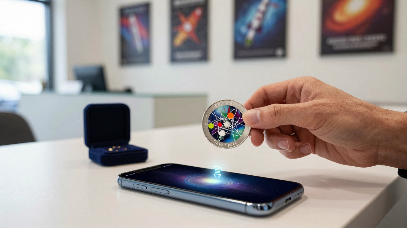 Mão segura moeda espacial sobre smartphone com projeção holográfica de rádio a partir do ecrã.