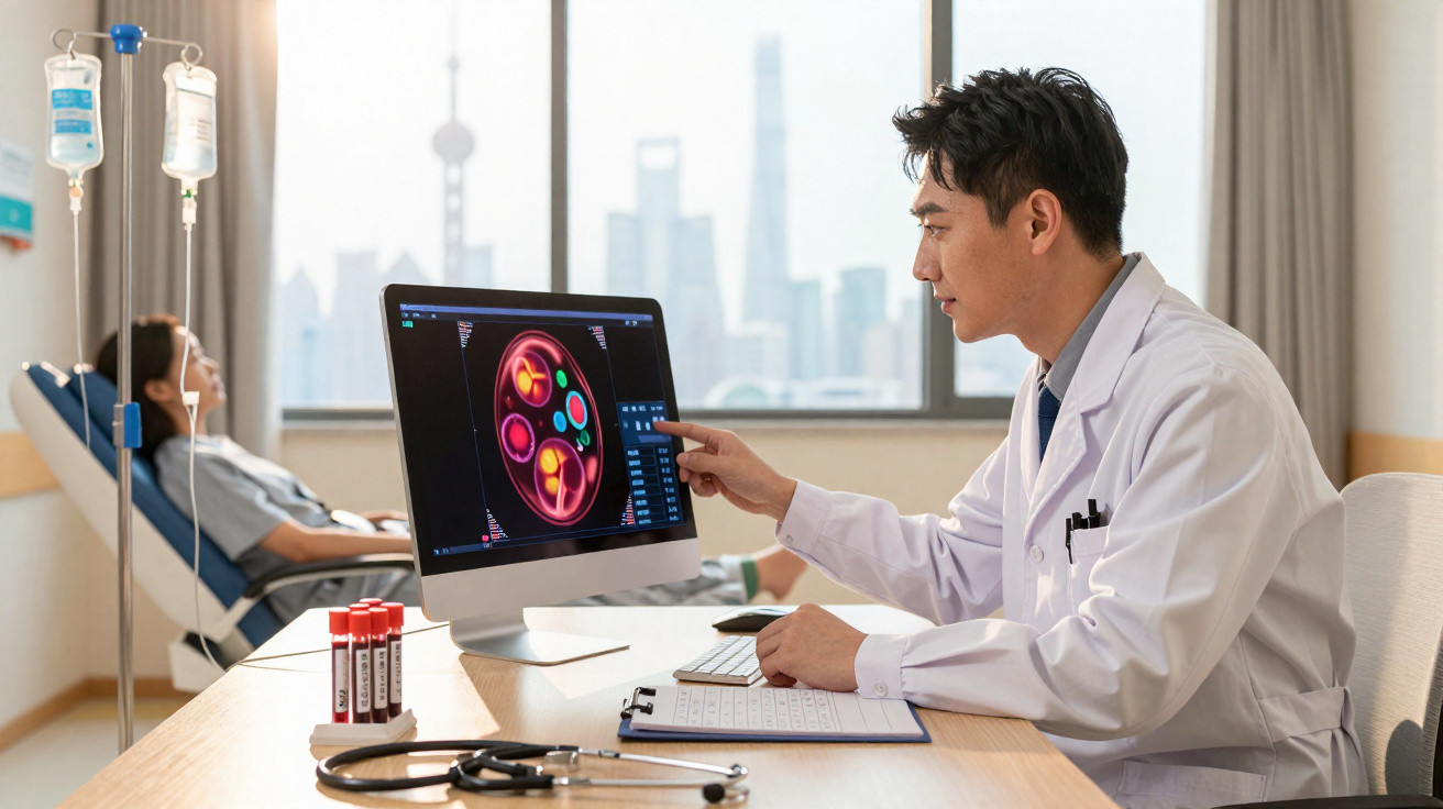 Médico analisa imagem de células no computador enquanto paciente recebe tratamento intravenoso numa clínica.