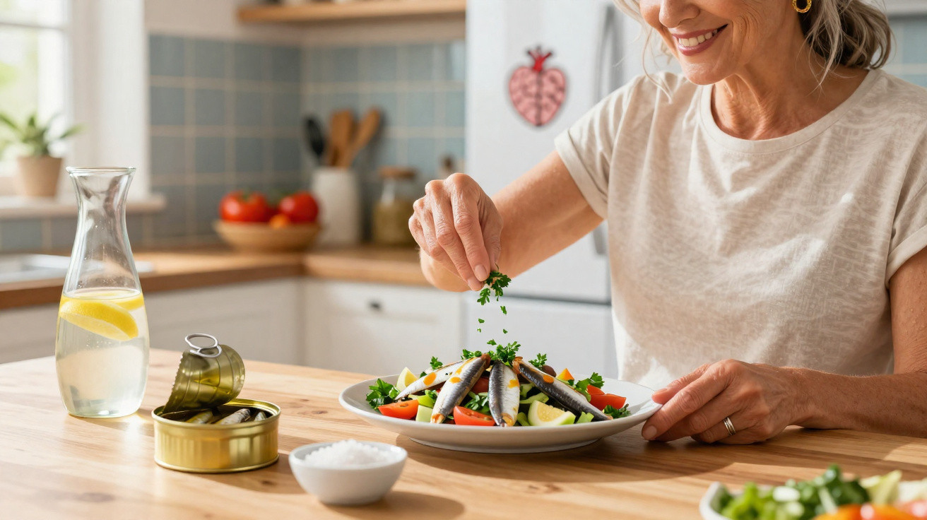 Mulher a temperar salada com peixe em lata num prato, numa cozinha iluminada e acolhedora.