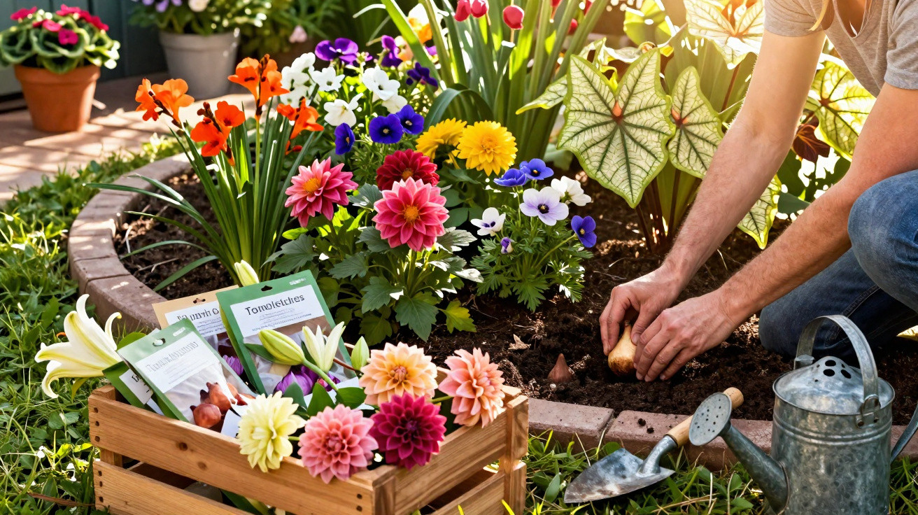Pessoa a plantar bulbos numa cama de flores coloridas com ferramentas de jardinagem ao lado.