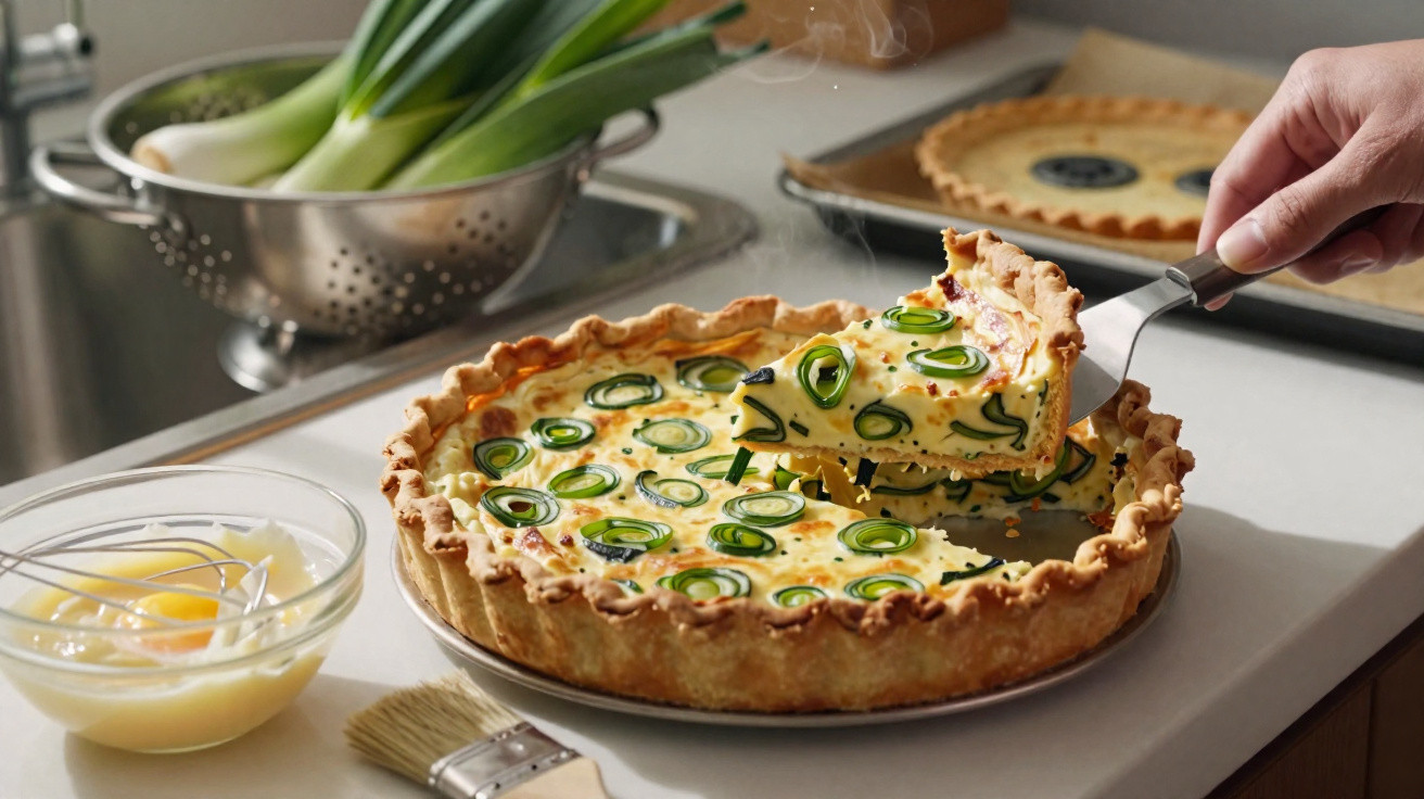 Tarte salgada com cebolinho a ser servida, acompanhada de tigela com ovos e cebolinho em escorredor.