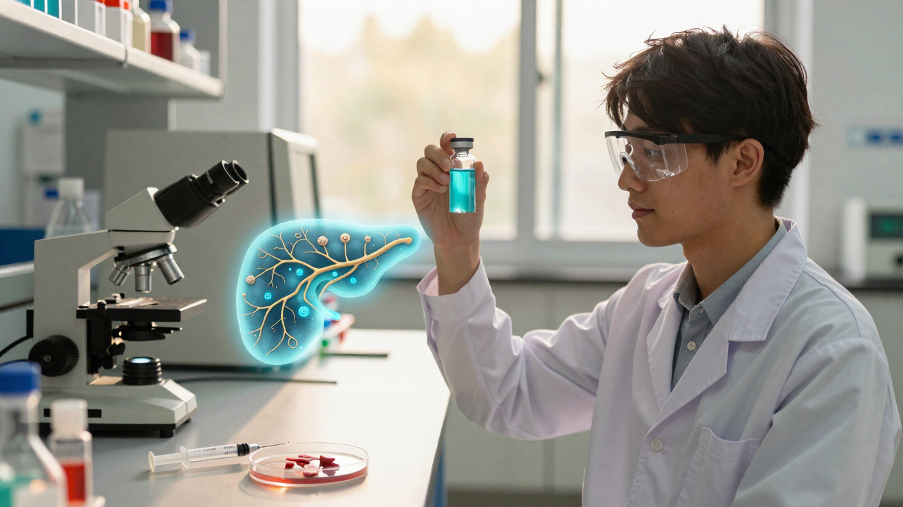 Cientista com jaleco e óculos de proteção analisa frasco com líquido azul no laboratório com imagem digital de fígado.