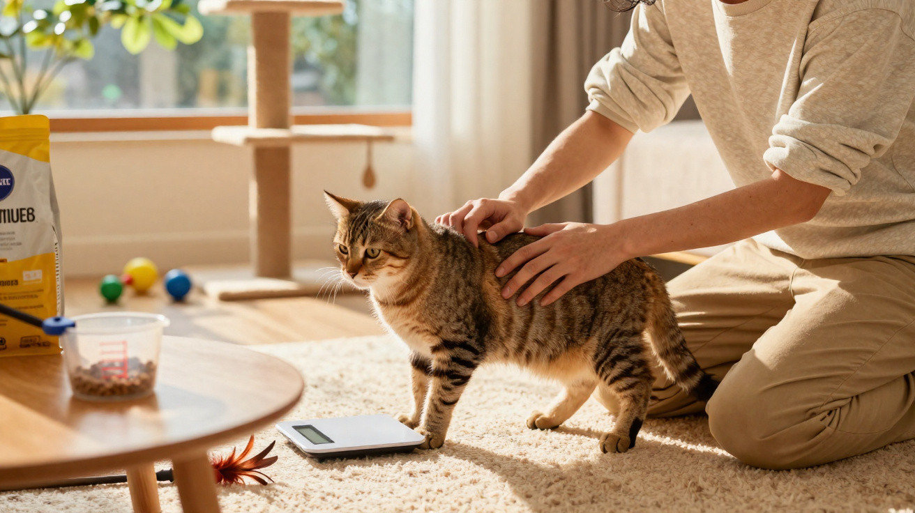 Pessoa a pesar gato tigrado num ambiente acolhedor com brinquedos e comida para gatos ao redor.