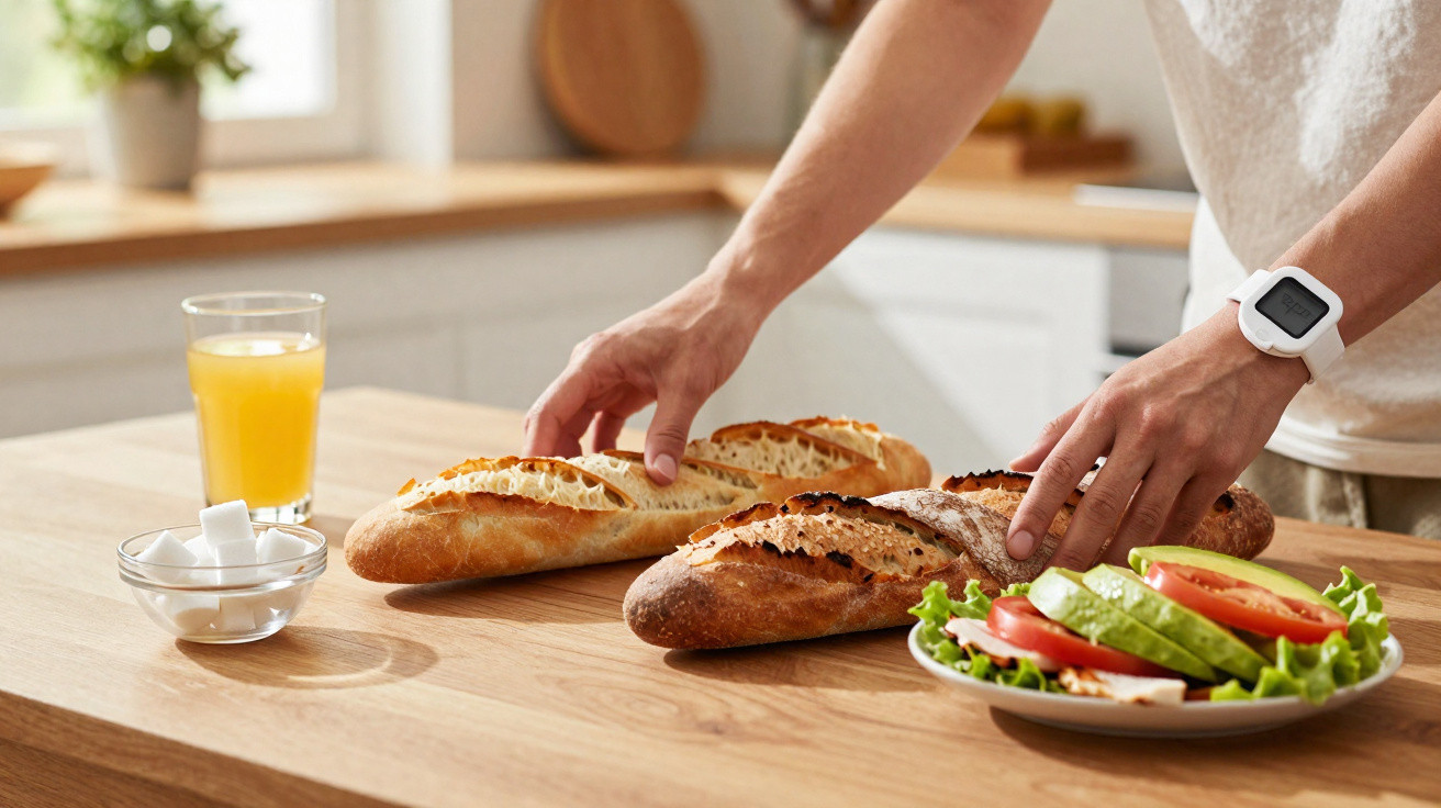 Pessoa a preparar sanduíches com baguetes e prato de salada fresca numa cozinha iluminada.