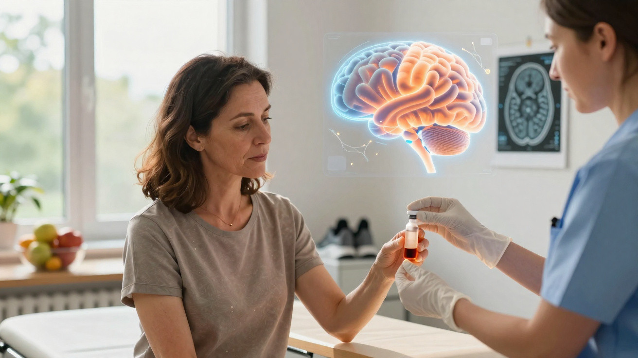 Paciente a receber análise de amostra de sangue, com imagem digital do cérebro em clínica médica.